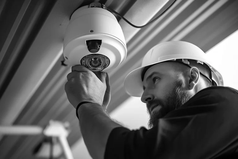 Sicherheitstechniker montiert Dome-Überwachungskamera – professionelle Videoüberwachung von Löffler Security